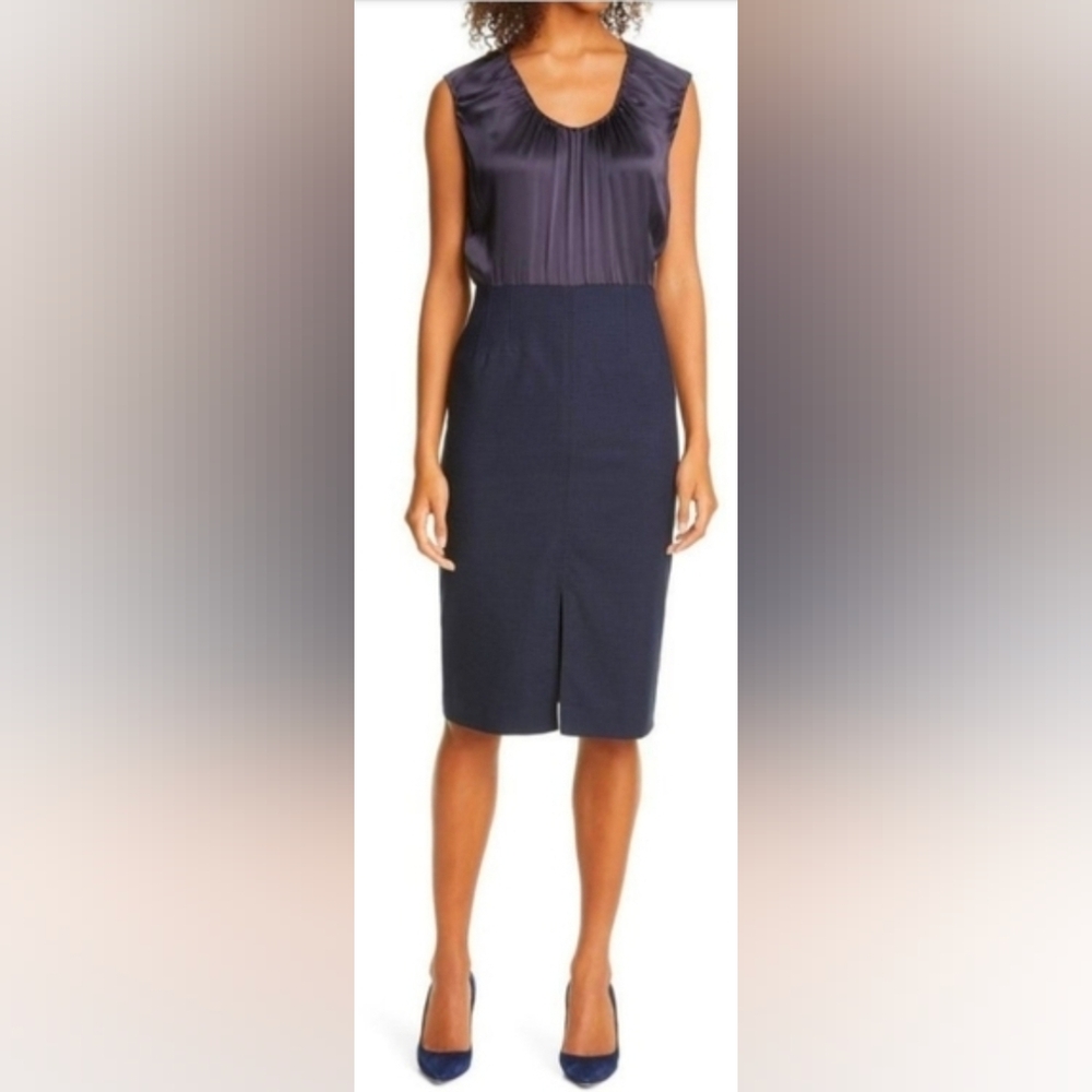 Nwt Tailored By Rebecca Taylor Houndstooth Suiting Dress Navy 4 Silk Blend